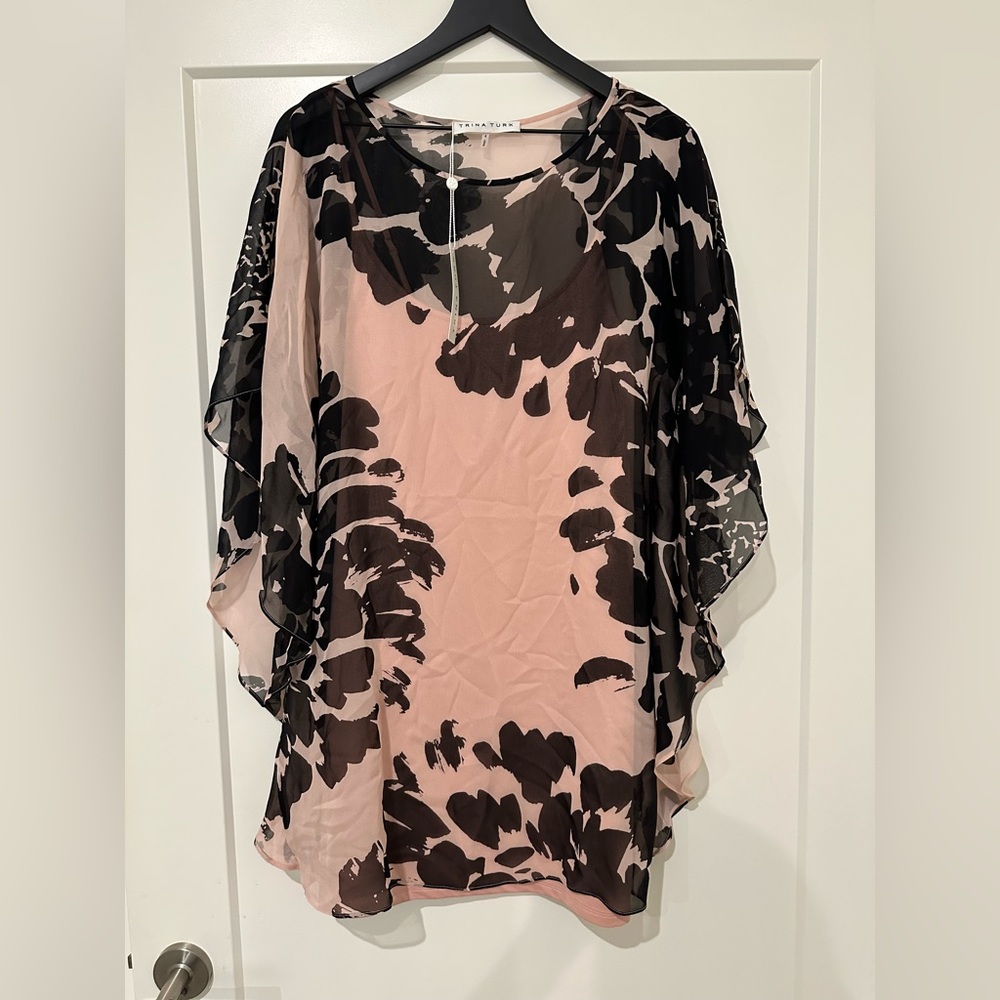 Trina Turk Black and Pink Floral Silk Top